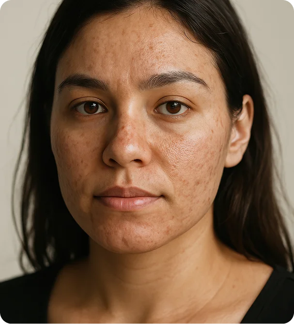 Close portrait of a woman with freckles and uneven skin tone