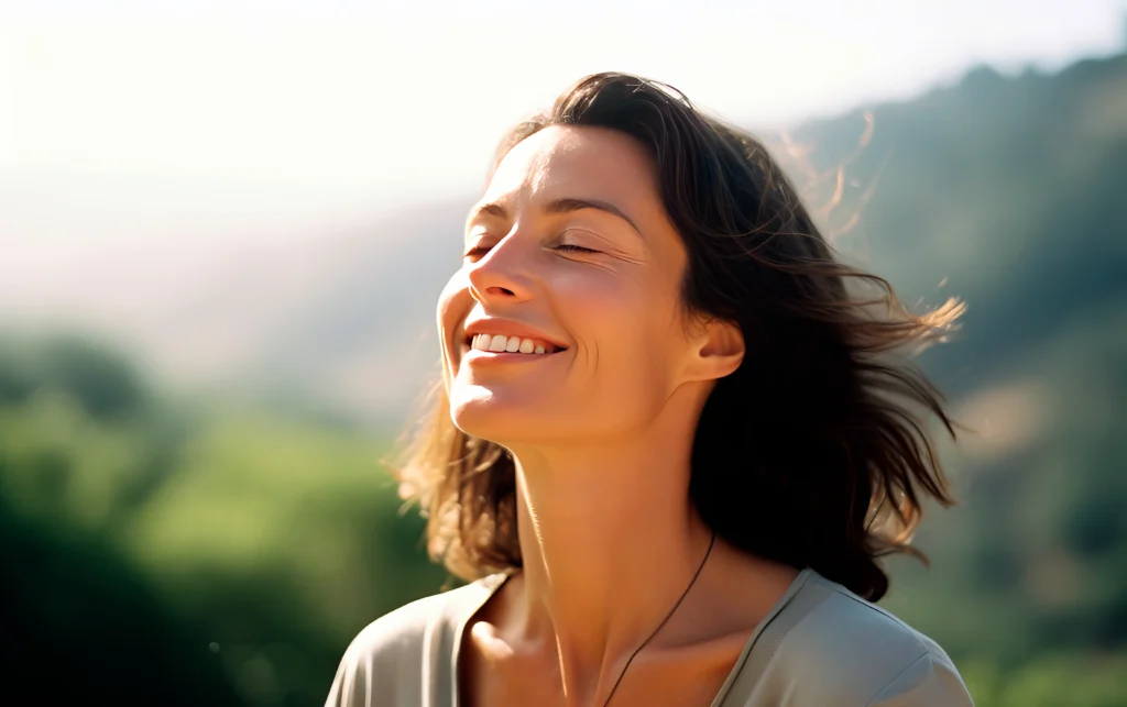 A woman standing outdoors in warm sunlight with her eyes closed, smiling