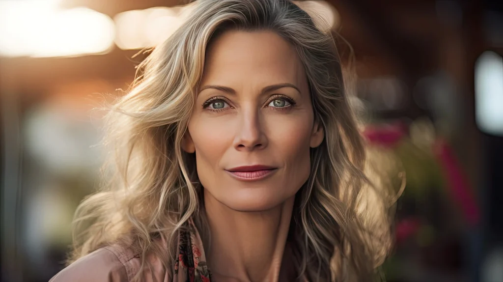 Portrait of a woman with long silver-blonde hair, smiling gently
