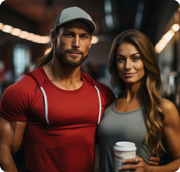 A man and a woman in workout clothes standing together at a gym
