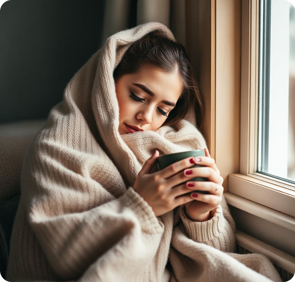 A woman wrapped in a blanket holding a warm mug beside a window